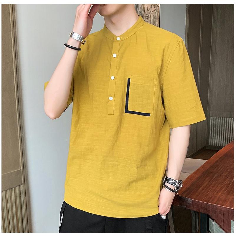 Áo cổ tầu nam chất đũi túi viền vải trẻ trung, thời trang phong cách trẻ