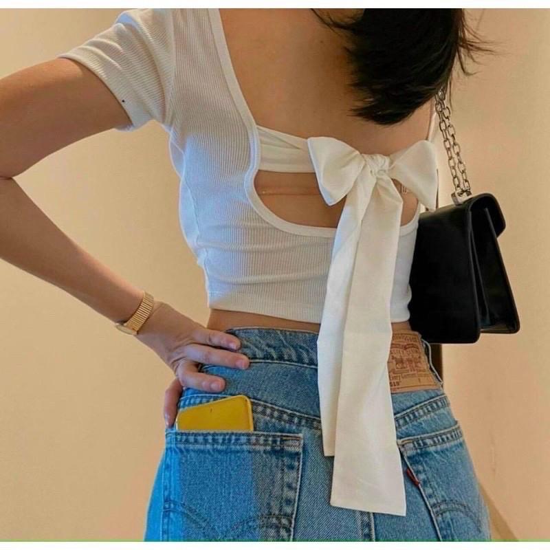 Áo buộc nơ sau lưng dạng croptop chất thun borip -N