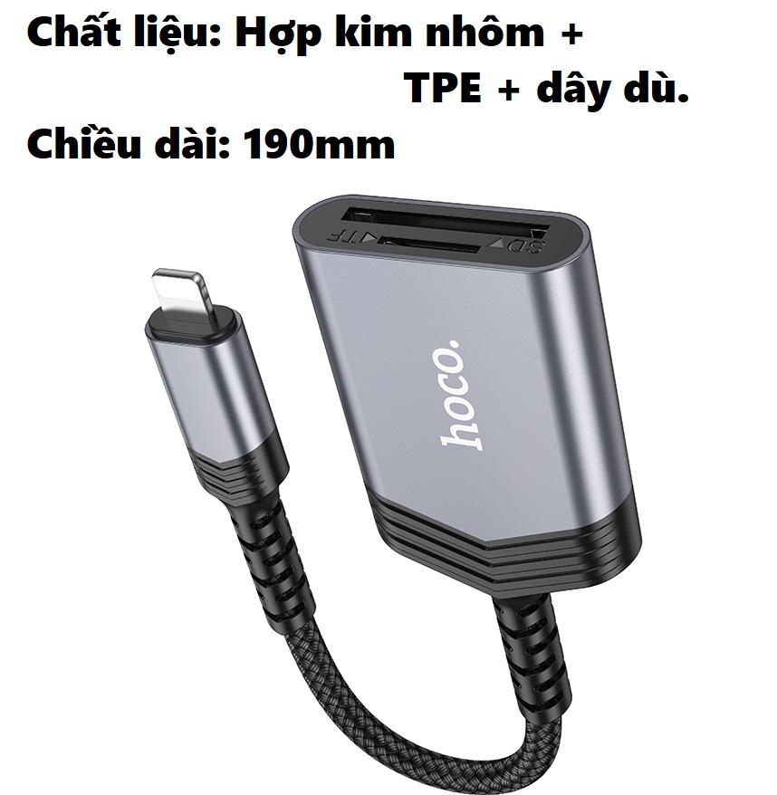 [ iP / type C Card reader ] Đầu đọc thẻ nhớ SD/ TF chuẩn 2.0 cho iP và cho điện thoại laptop type C Hoco UA25 _ Hàng chính hãng