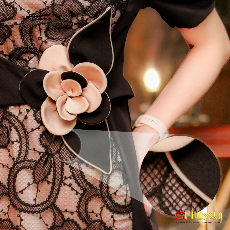 Váy công sở Siluxy đầm thiết kế sang trọng dáng ôm tay bồng phối ren thanh lịch hoa eo xếp thủ công
