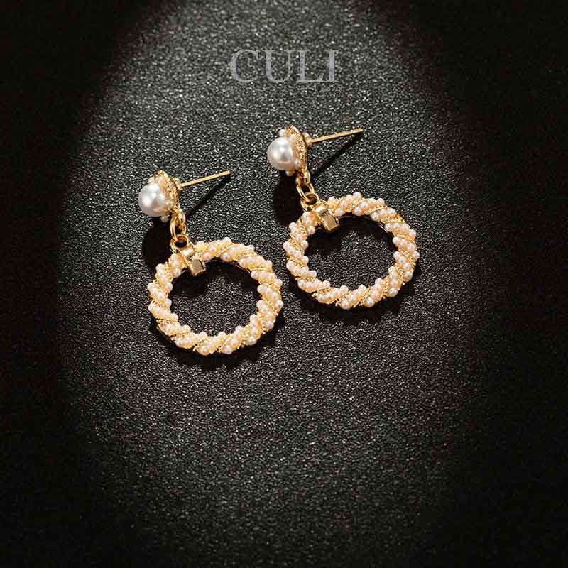 Khuyên tai dáng dài, khoen tròn đính đá phối hạt trai xinh xắn HT676 - Culi accessories