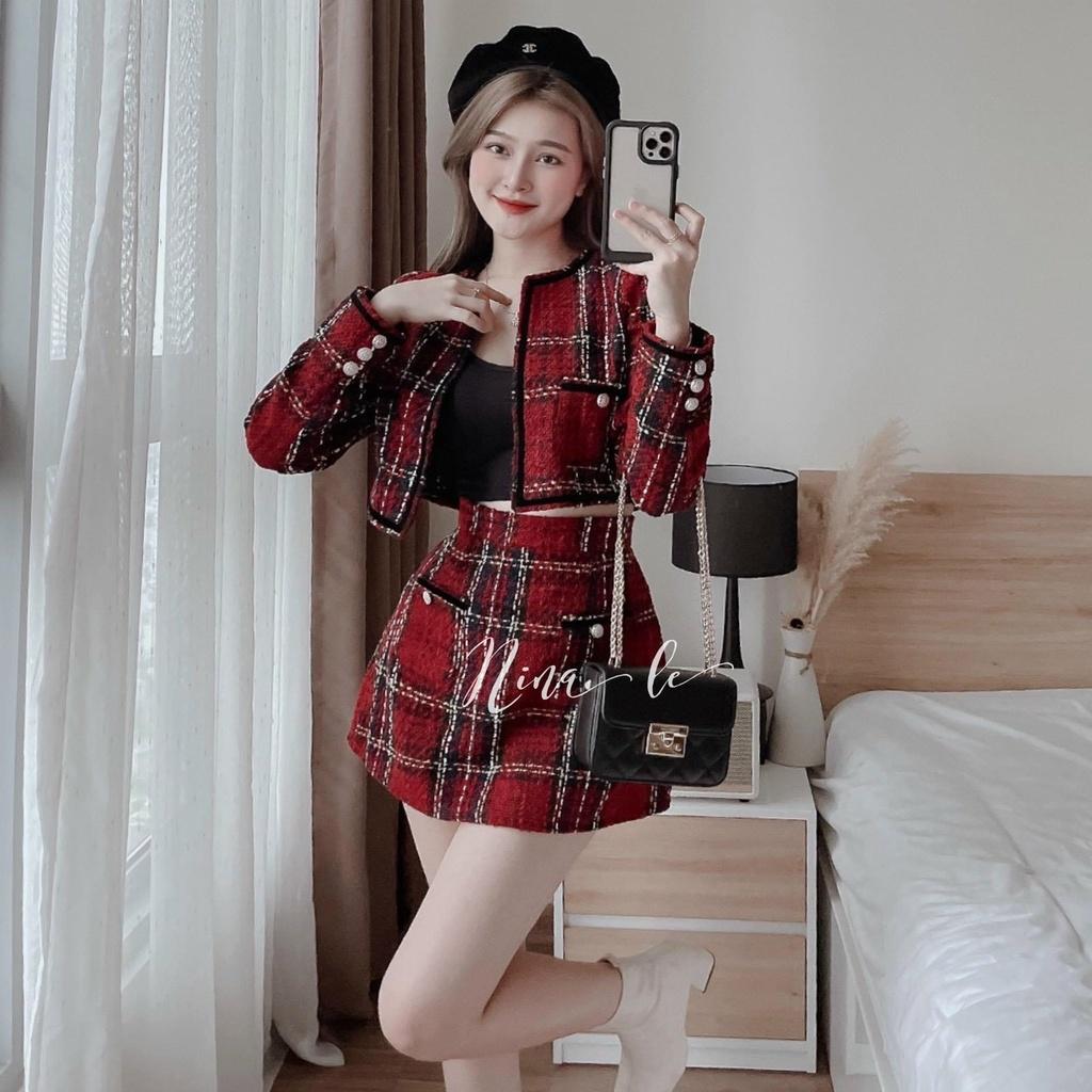 Set 3 món dạ caro đỏ khoác crop cổ tròn áo 2 dây đen chân váy ngắn mẫu chị nina lê