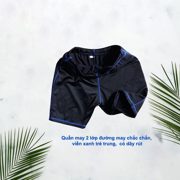Quần bơi nam may 2 lớp chắc chắn chất thun đẹp viền xanh trẻ trung lưng có dây rút rất tiện lợi khi mặc