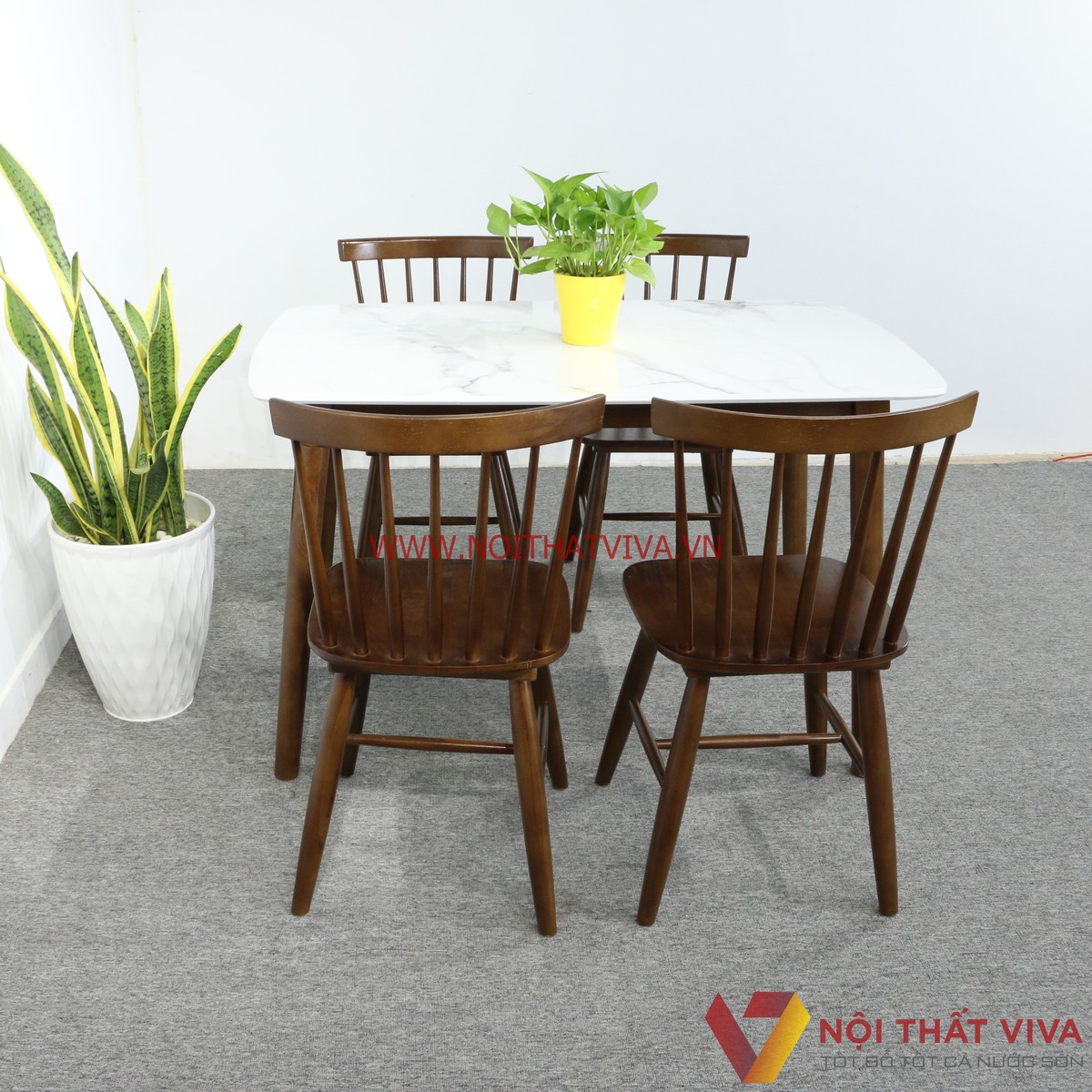 Bộ Bàn Ăn Mango 4 Ghế Nan Màu Nâu Mặt Giả Đá Đẹp Giá Rẻ