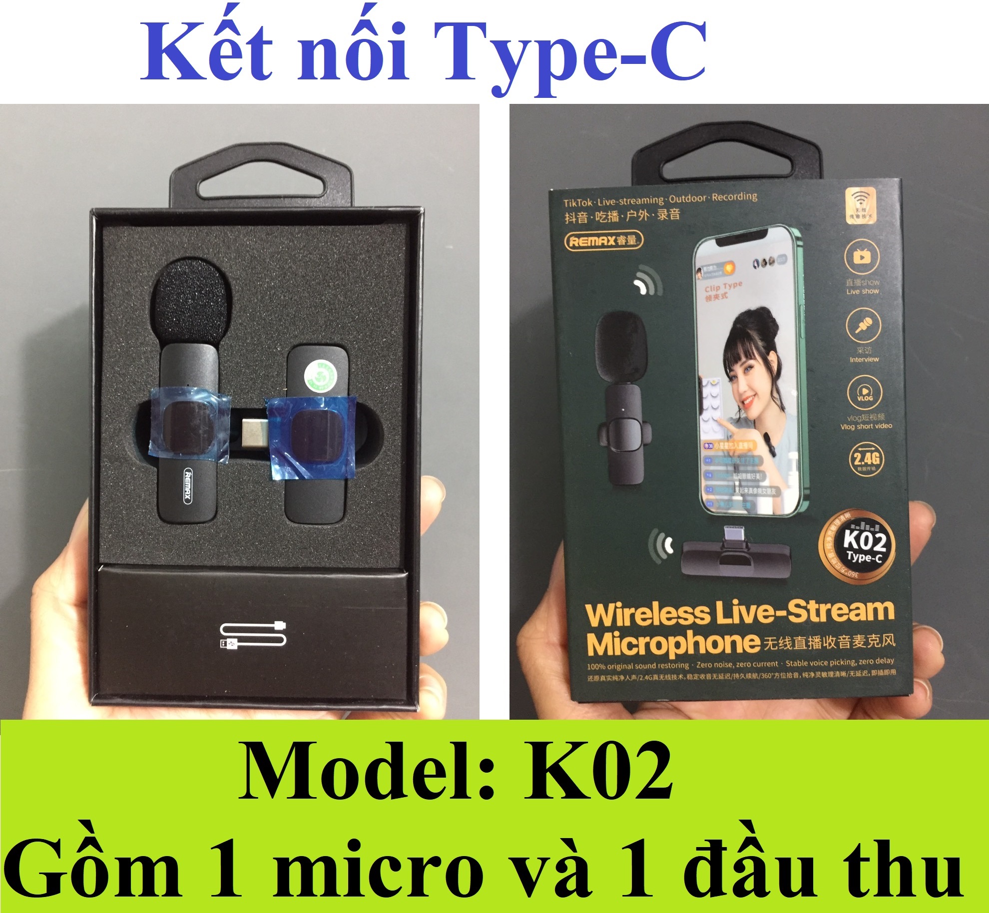 Micro thu âm không dây có kẹp cài áo kết nối type-C / iP Remax K03 / K02 -  Hàng chính hãng