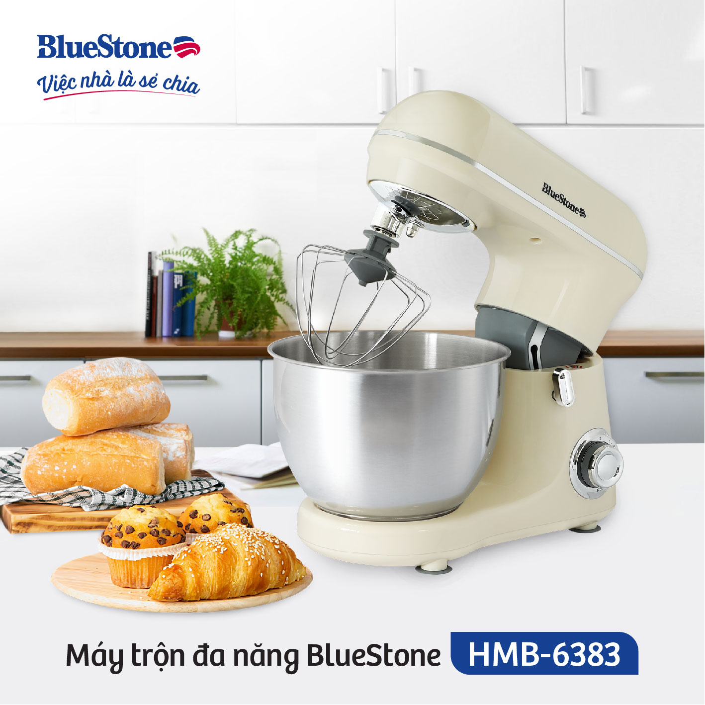 Máy Trộn Bột Đa Năng BlueStone HMB-6383 - Dung tích tô trộn 4 Lít - 600W - 6 tốc độ quay - Bảo hành 2 năm - Hàng Chính hãng