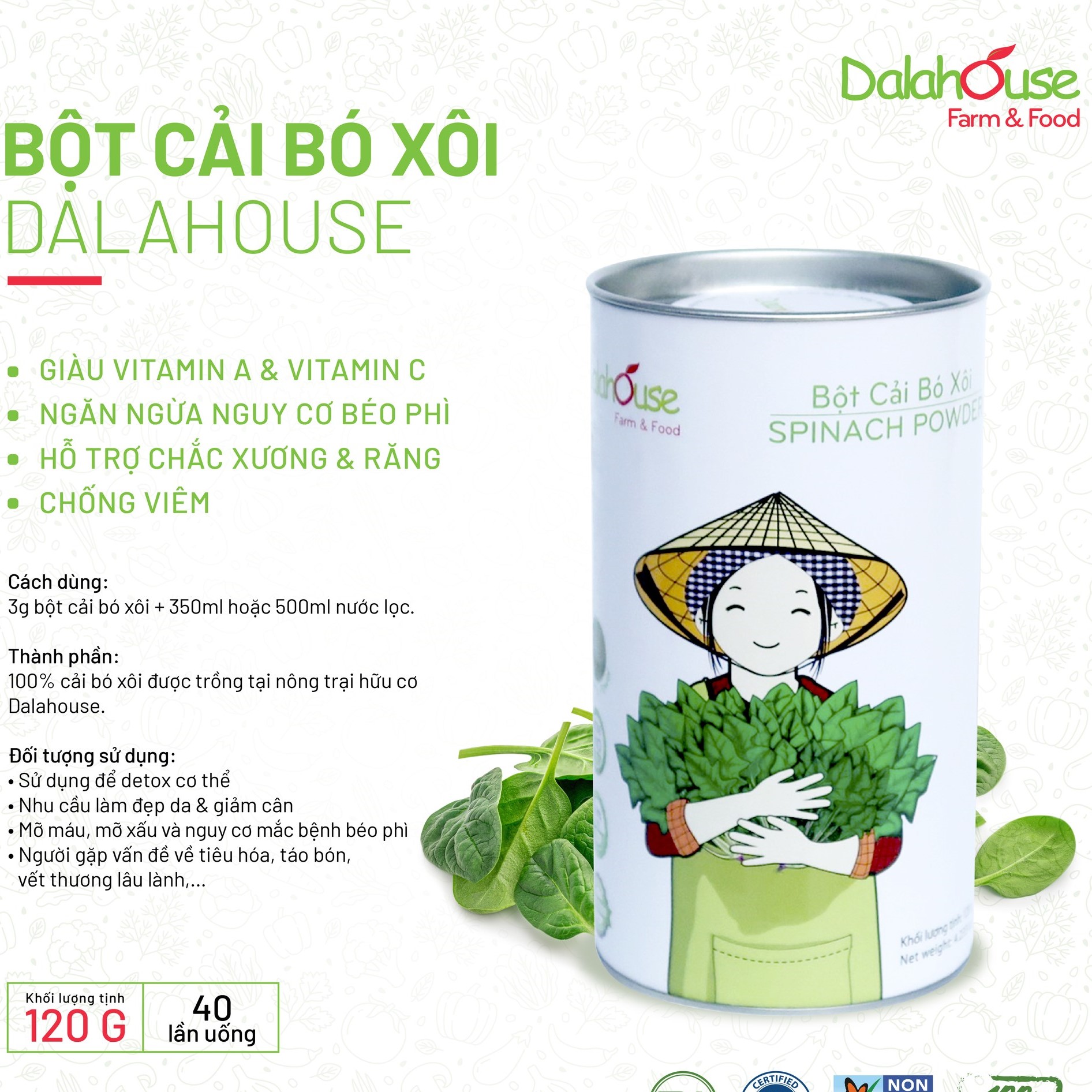 Bột cải bó xôi hữu cơ nguyên chất sấy lạnh Dalahouse - Mẫu mới 2022 Hộp 120gr tiết kiệm - Nguồn Vitamin K,A,C, sắt, magie & Mangan cao giúp xương chắc khỏe, hỗ trợ tiêu hóa và hỗ trợ thị lực _ ThuDươngShop Chờ duyệt tự động