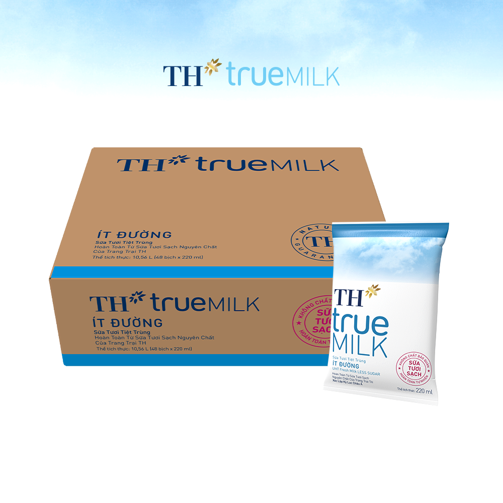 Thùng 48 bịch sữa tươi sạch ít đường TH True Milk bịch giấy 220ml (220ml x 48)