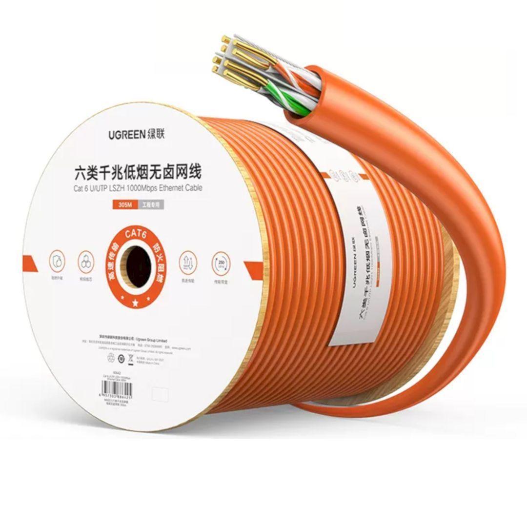 Cáp mạng CAT 6 chống cháy đồng nguyên chất Ugreen 80642 dài 305M OD 0.57+0.008mm 23AWG Màu Đỏ Cam NW201 Hàng chính hãng