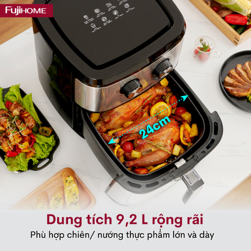 Nồi chiên không dầu FUJIHOME A9 dung tích 9.2 lít, Công suất 1800W, Thiết kế hiện đại trang nhã, Tháo lắp đơn giản dễ dàng vệ sinh, Hàng chính hãng BH 24 tháng