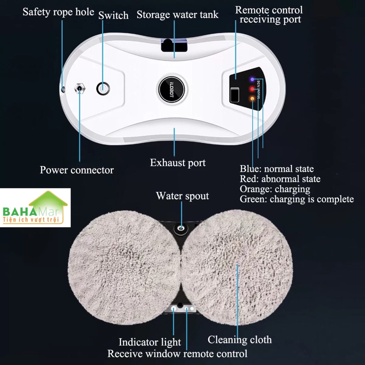 ROBOT THÔNG MINH TỰ ĐỘNG PHUN NƯỚC VÀ LAU KÍNH ĐIỆN CÓ ĐIỀU KHIỂN TỪ XA &quot;BAHAMAR&quot; Phun sương mù tạo ngưng tụ hơi nước và lau loại bỏ bụi bẩn, lau luân phiên không bỏ sót