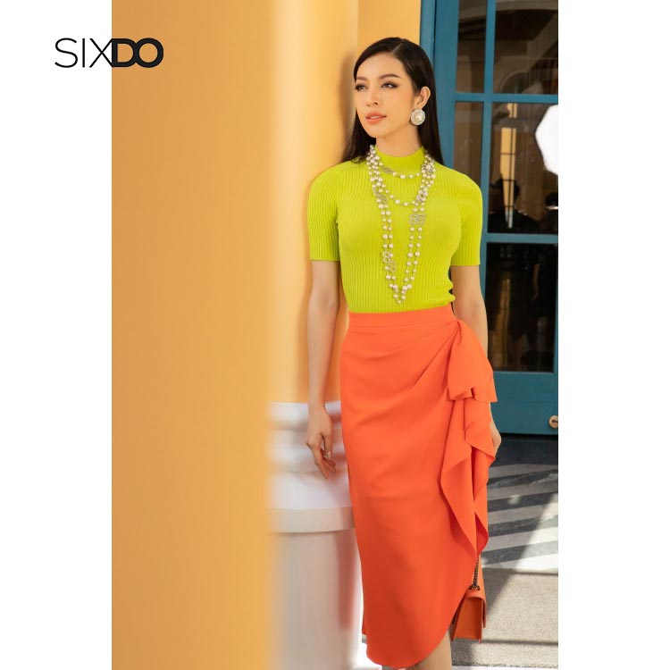 Chân váy lụa nhún eo xẻ vạt thời trang SIXDO
