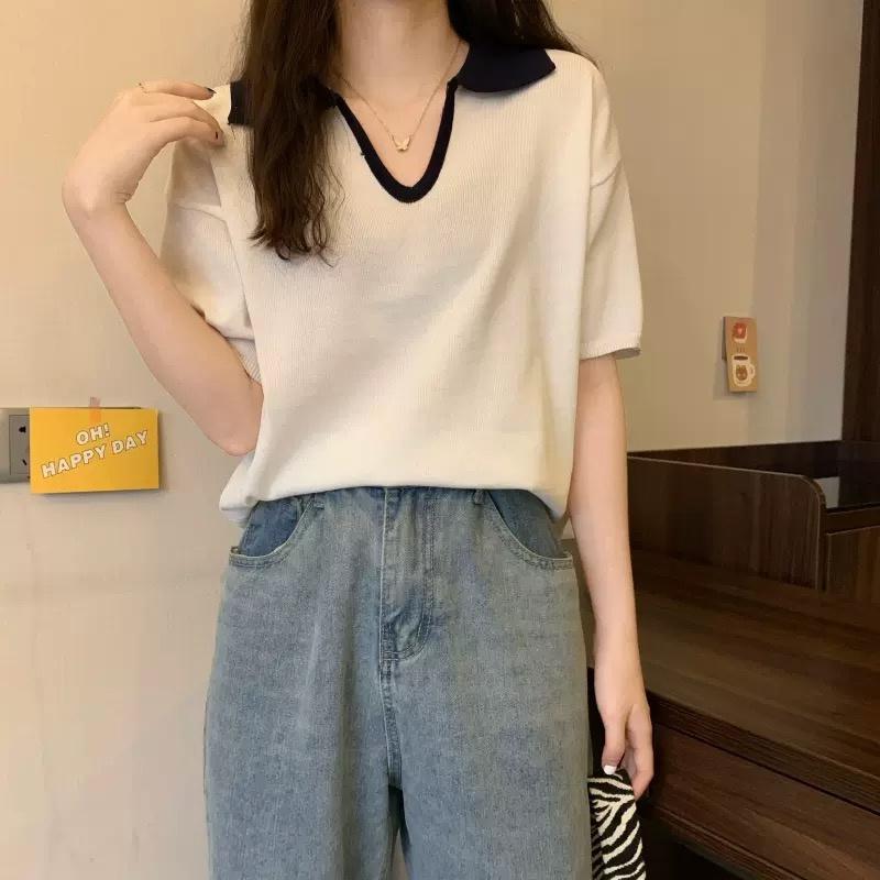 MS670 Áo polo len dệt kim cổ bẻ chữ V phối màu