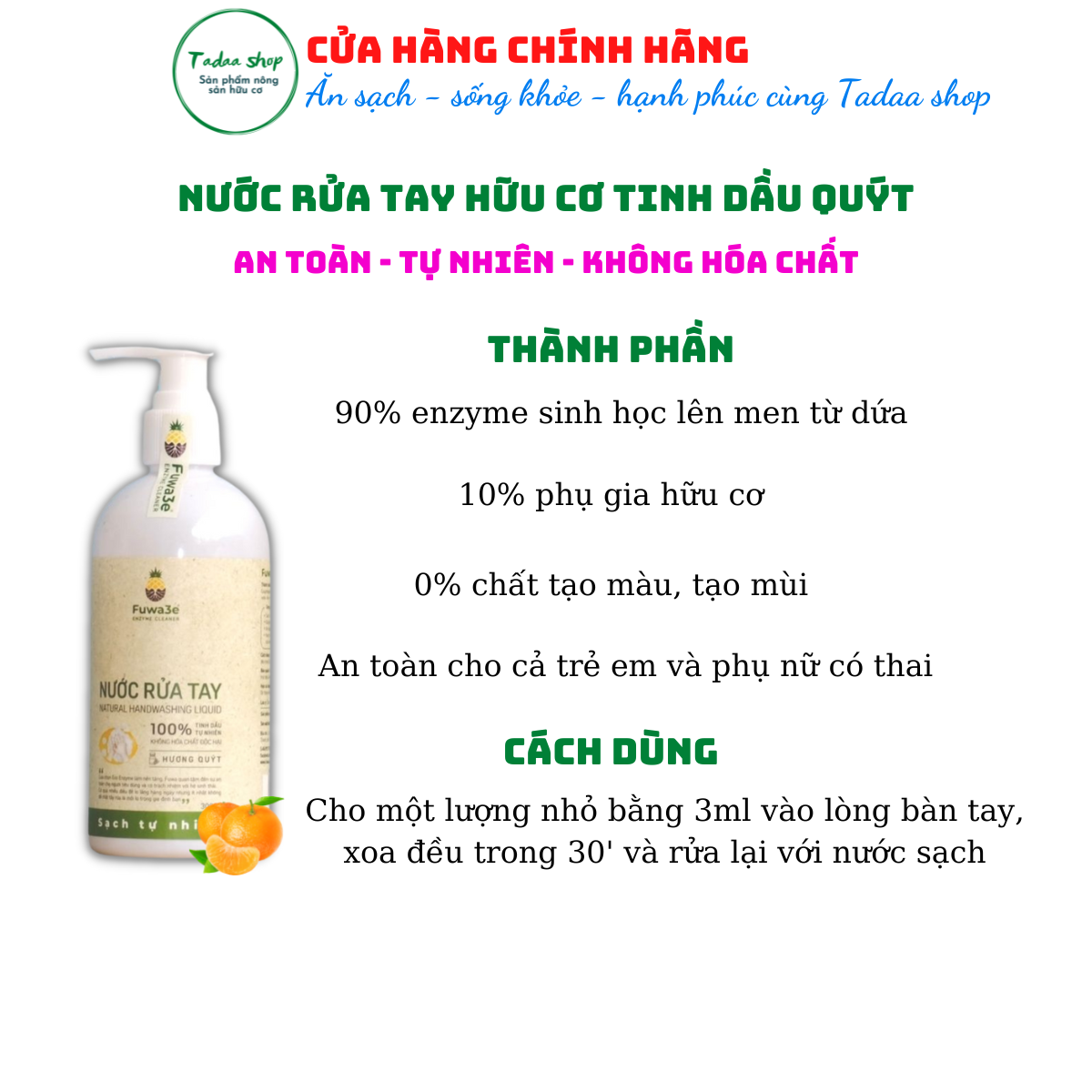 Nước rửa tay sinh học Fuwa3e hương tinh dầu quýt làm mềm và chống lão hóa da taychai 300ml