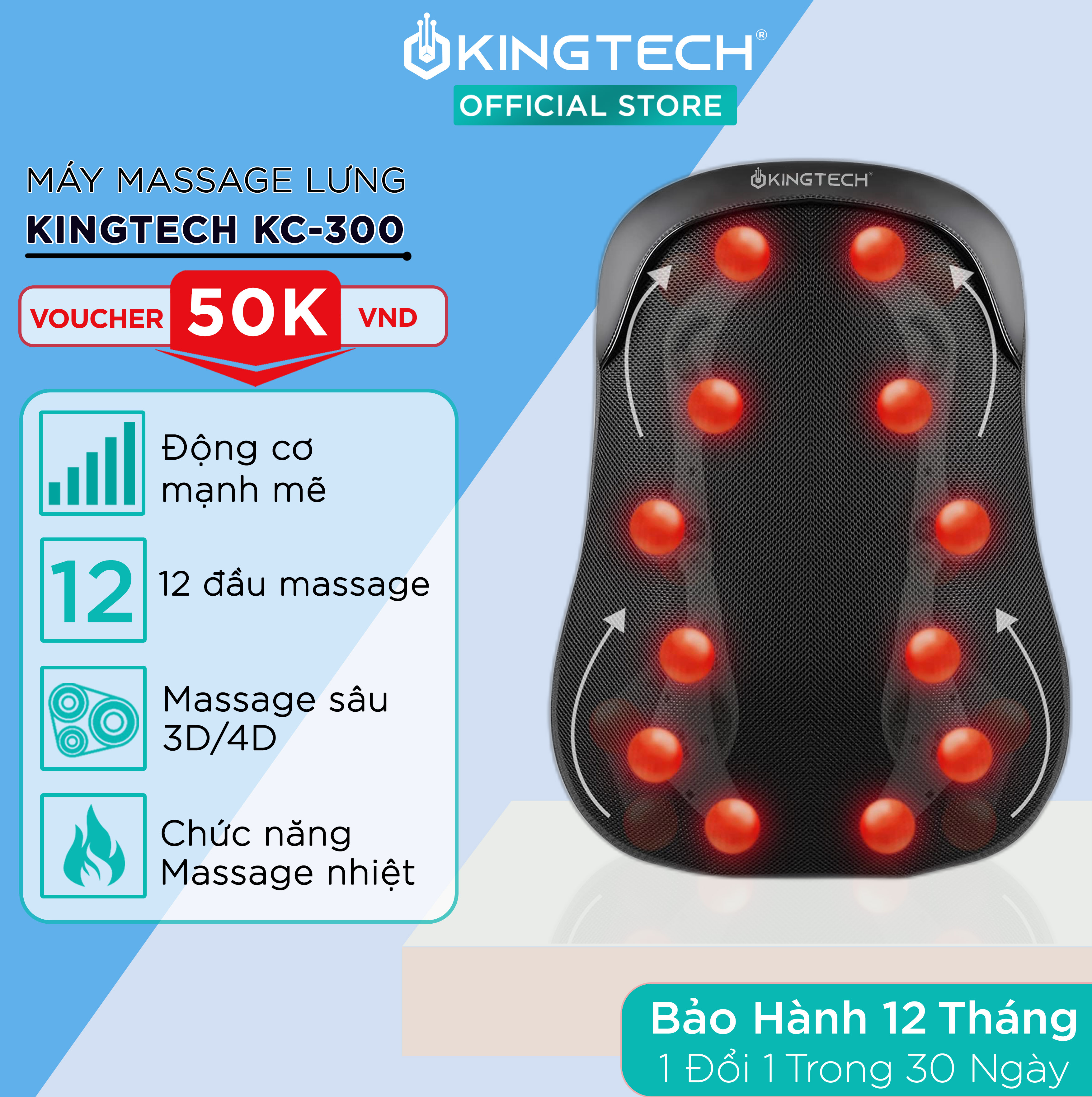 Đệm Ghế Massage Lưng Cao Cấp KingTech KC-300 - Máy Mát Xa Chế Độ 3D, 12 Bóng Chuyên Sâu, - Kết Hợp Tính Năng Nhiệt Hồng Ngoại - Hàng Chính Hãng