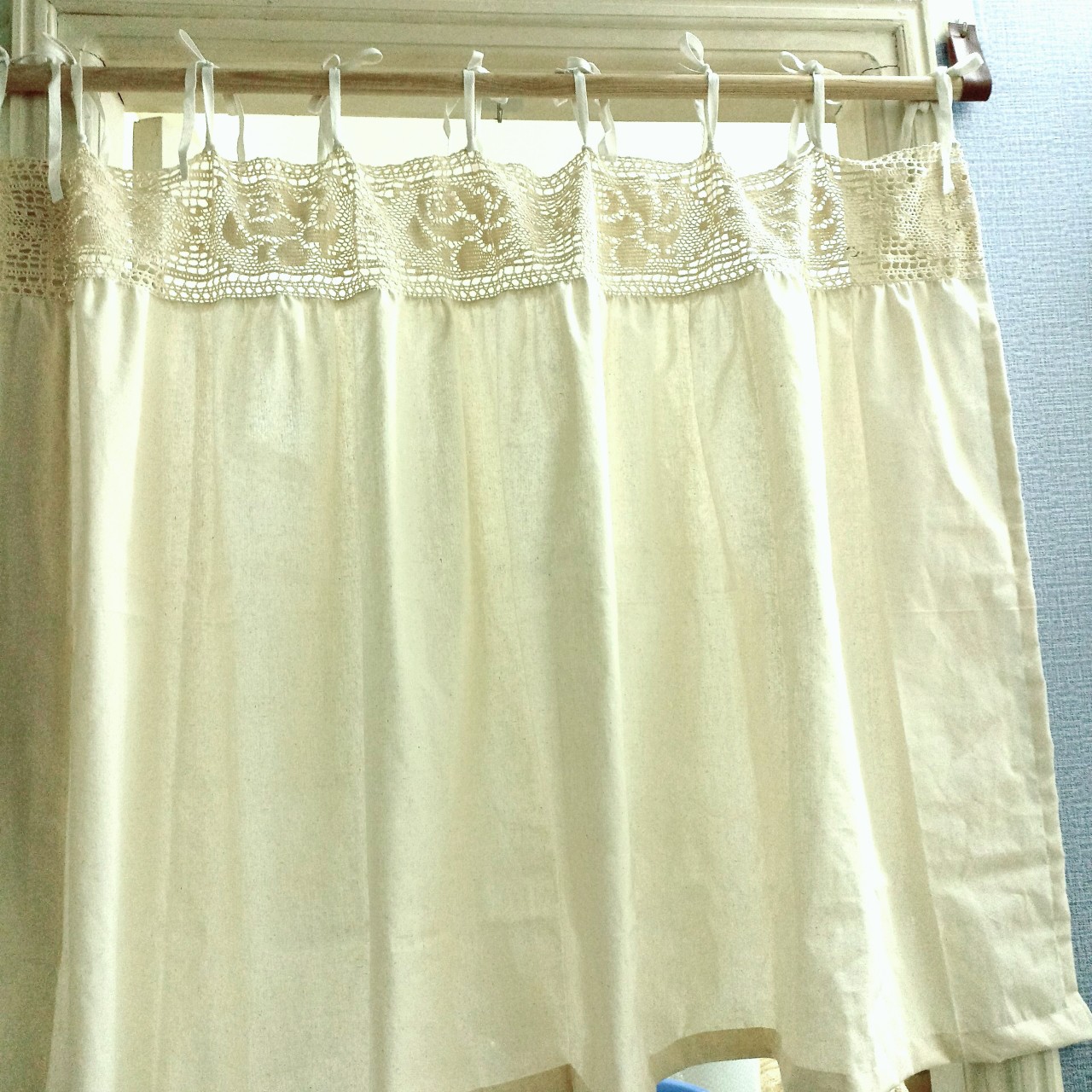 Rèm màn cửa vải canvas phối ren cotton móc vintage