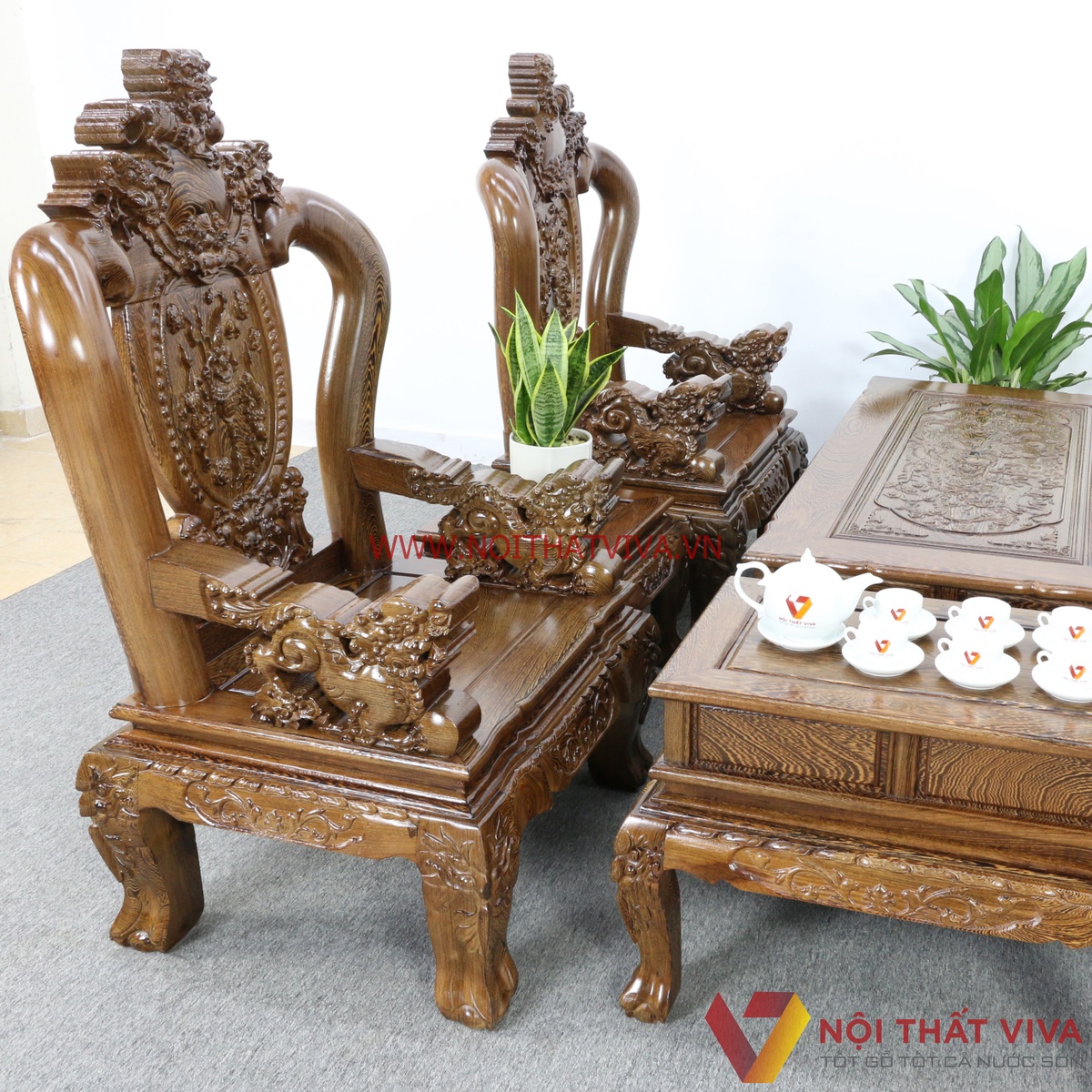 Bộ Bàn Ghế Salon Gỗ Mun Tay 10 Chạm Nghê 6 Món Cao Cấp Sang Trọng