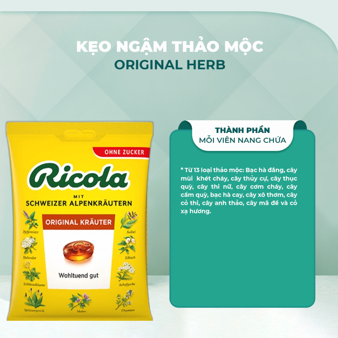 Hỗ trợ giảm đau họng Ricola Shweizer Krauterzucker chứa 13 loại thảo mộc đem đến cảm giác dịu nhẹ cổ họng và thơm mát - OZ Slim Store
