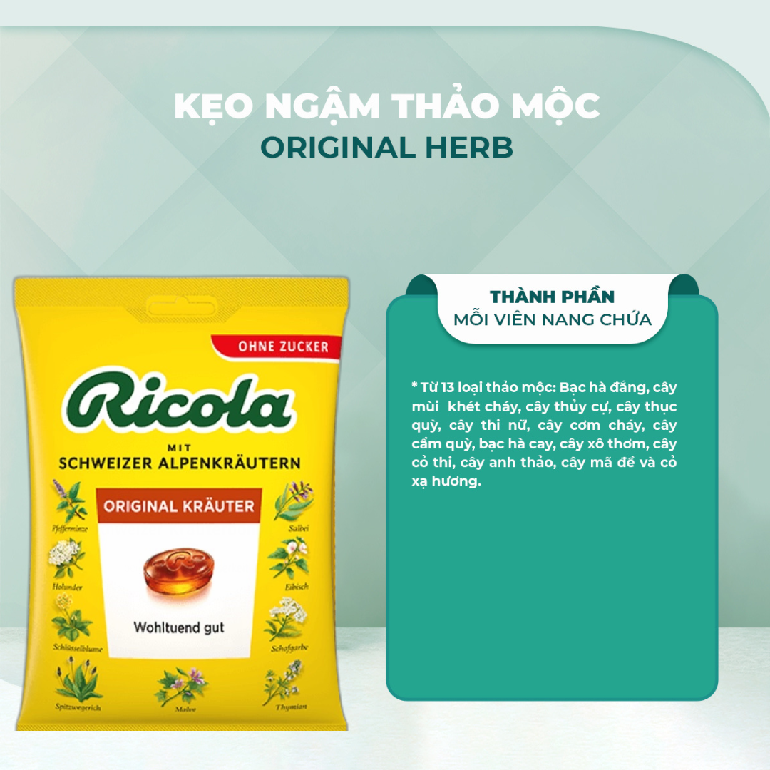 Hỗ trợ giảm đau họng Ricola Shweizer Krauterzucker chứa 13 loại thảo mộc đem đến cảm giác dịu nhẹ cổ họng và thơm mát (dạng kẹo) - OZ Slim Store