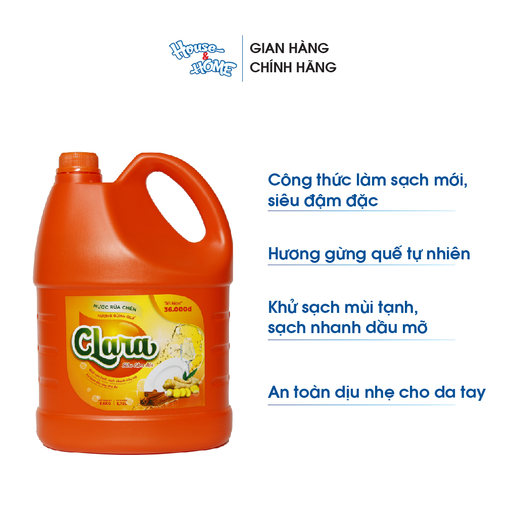 Nước rửa chén bát Clara tinh chất hương gừng quế can 3,8kg
