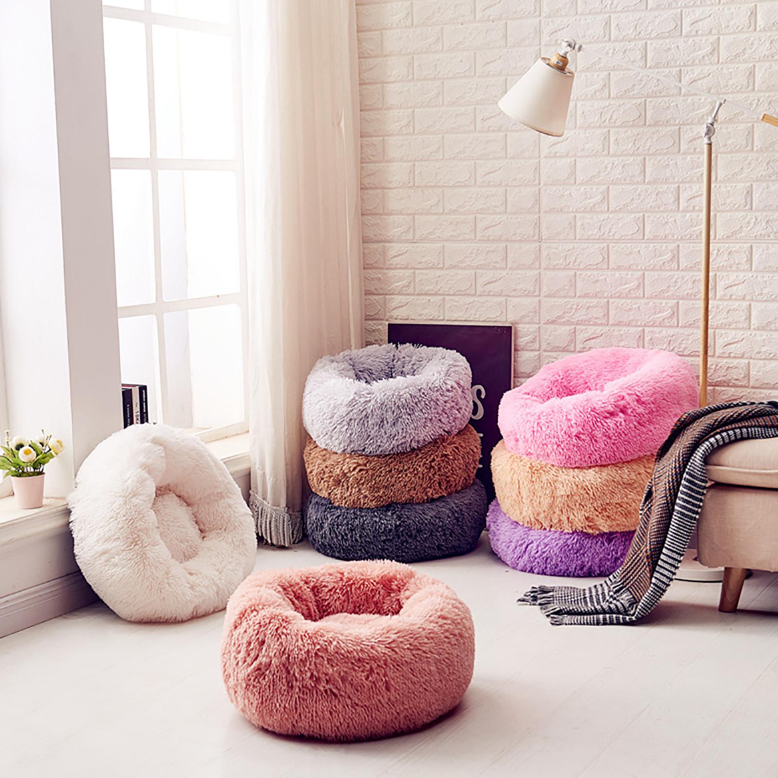 Giường cho thú cưng, thiết kế tròn mềm mại với lớp hoàn thiện giả lông và đáy chống trượt