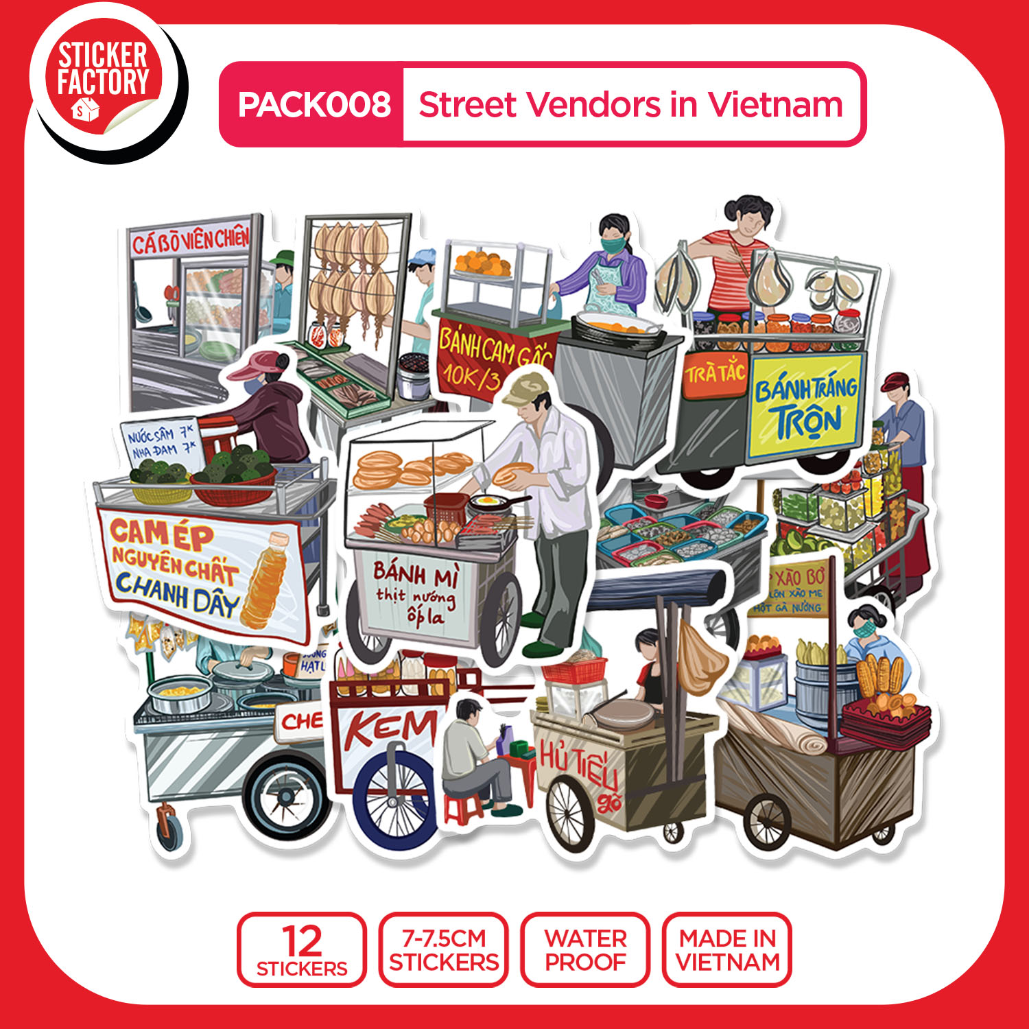 PACK008 Street Vendors in Vietnam - Set 12 hình dán Die Cut Sticker Pack Sticker Factory