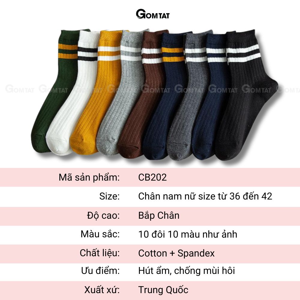 Combo 10 đôi Vớ Cổ Cao Unisex Cotton Dày dặn, Tất Cao Cổ Nam Nữ Họa Tiết Cổ 2 Sọc Ngang - CB202