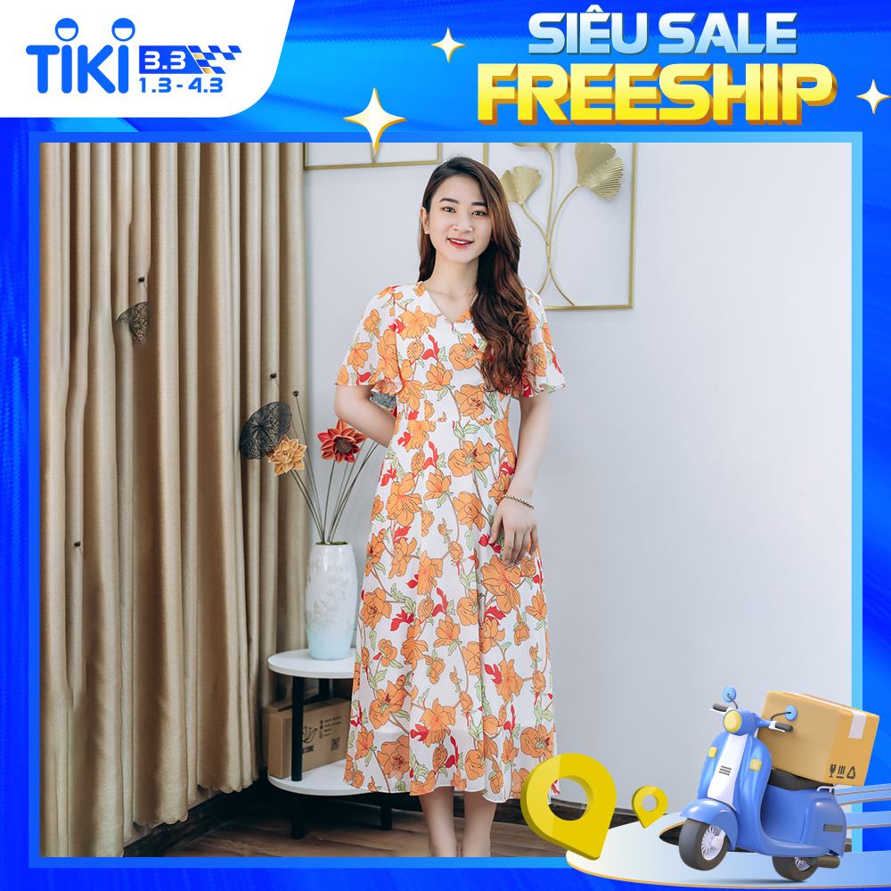 Đầm Maxi thiết kế trung niên Cổ tim tay loe màu Trắng hoa cam TTV STORE TTV1249