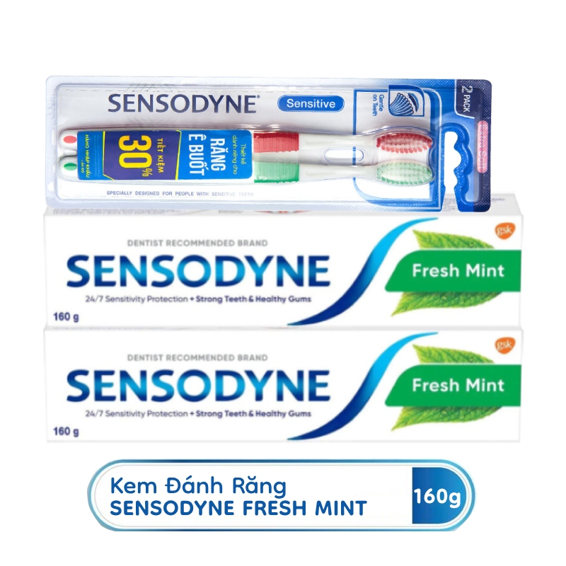 Bộ 2 Kem Đánh Răng Sensodyne Fresh Mint 160g/tuýp + Vỉ 2 Bàn Chải Sensodyne Sensitive Extra Soft