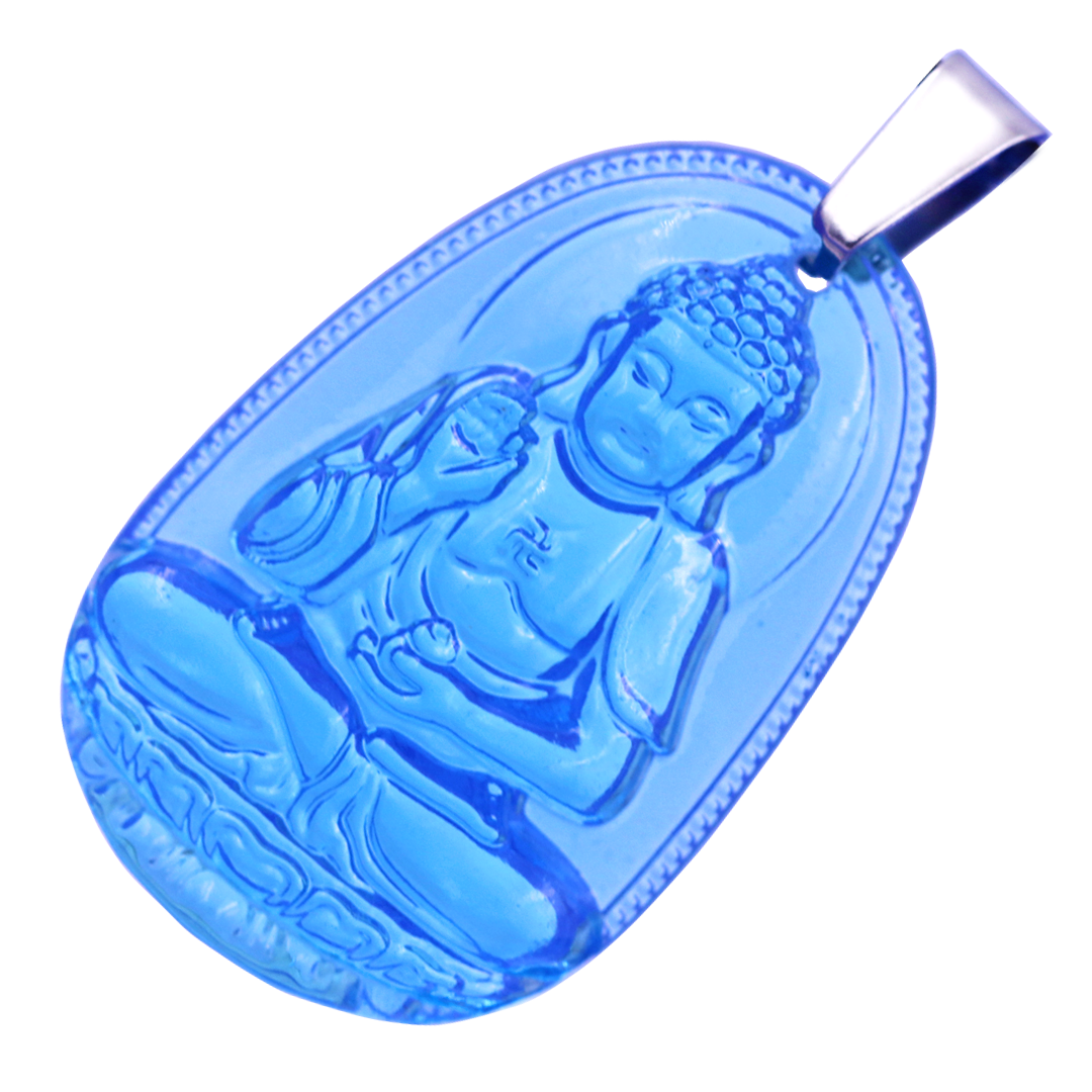 Mặt Phật A di đà thuỷ tinh xanh biển 3.6 cm kèm móc và vòng cổ dây cao su đen, Mặt Phật bản mệnh