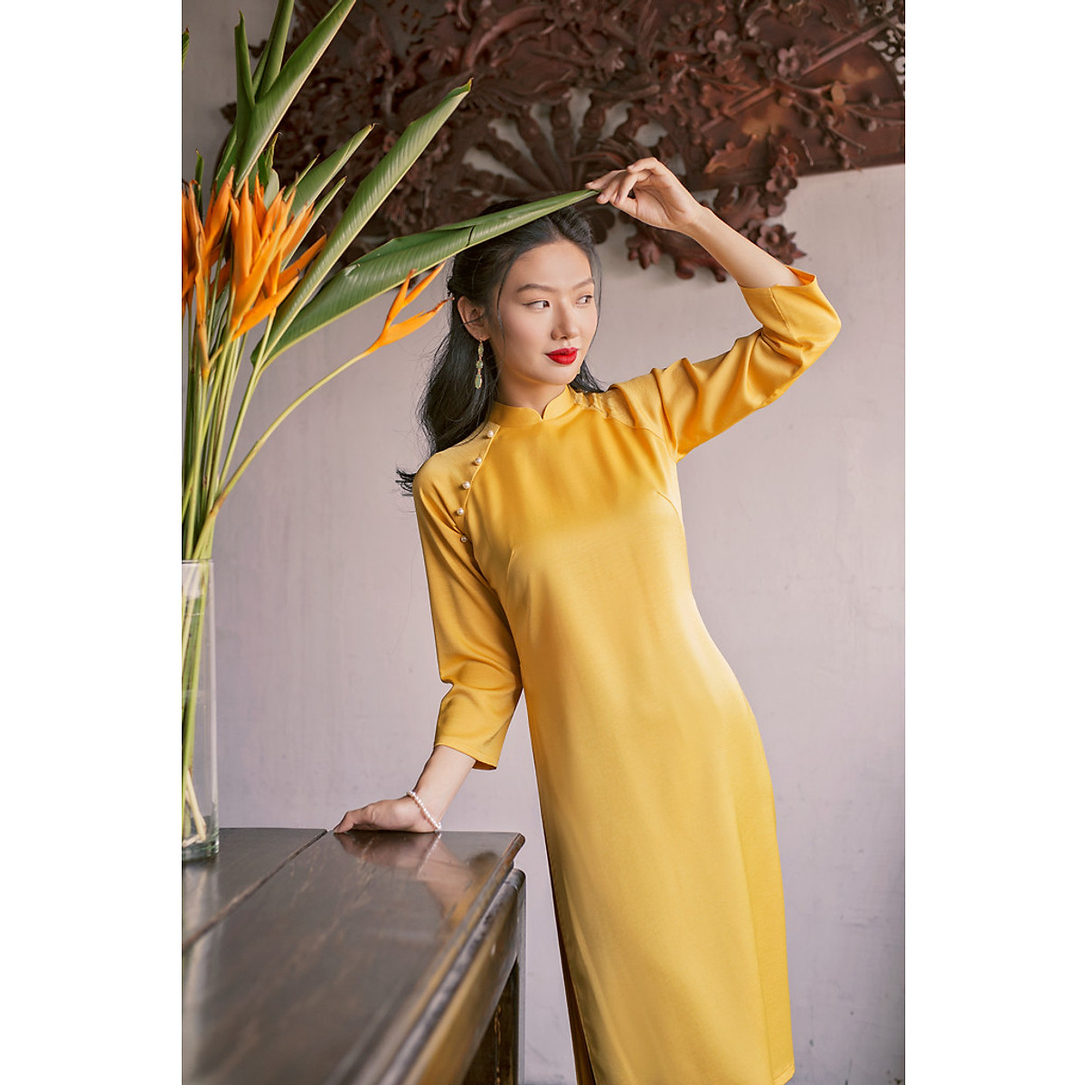 Áo Dài Cách Tân Lụa Tô Châu Cao Cấp - Áo Vàng + Quần Xanh