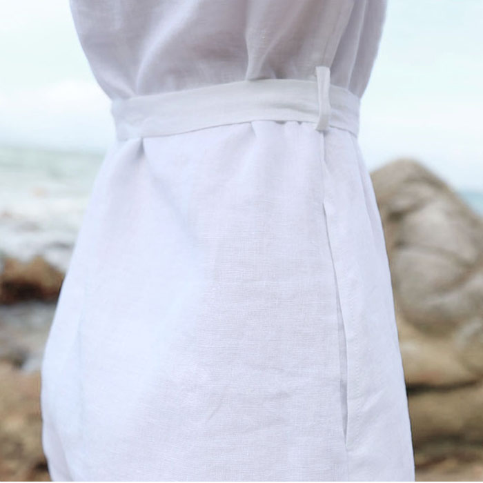 Đầm suông tay lỡ linen trẻ trung kèm đai dời - Trắng
