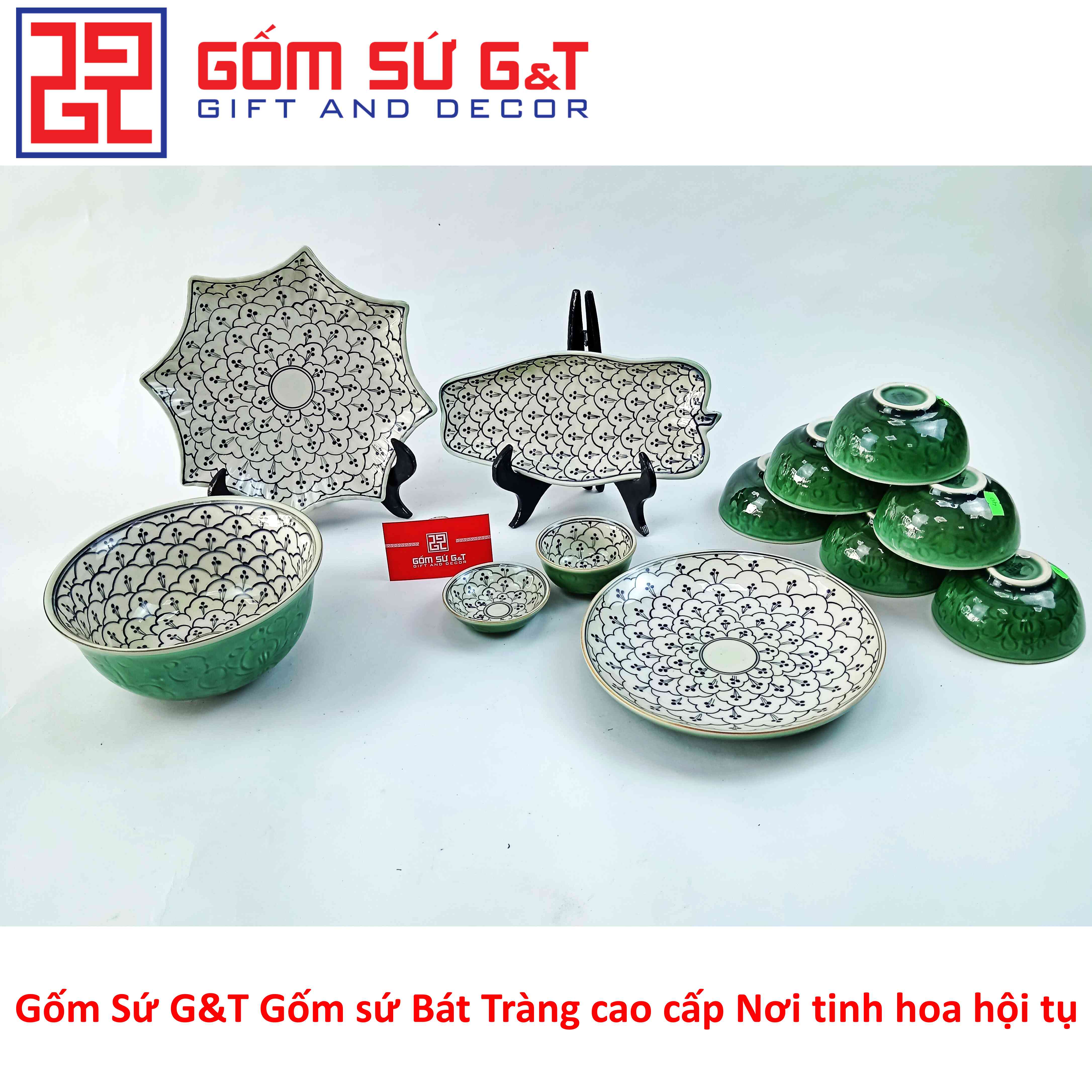 Bộ đồ ăn 6 người men xanh đồng vẽ hoa bèo Gốm Sứ G&T