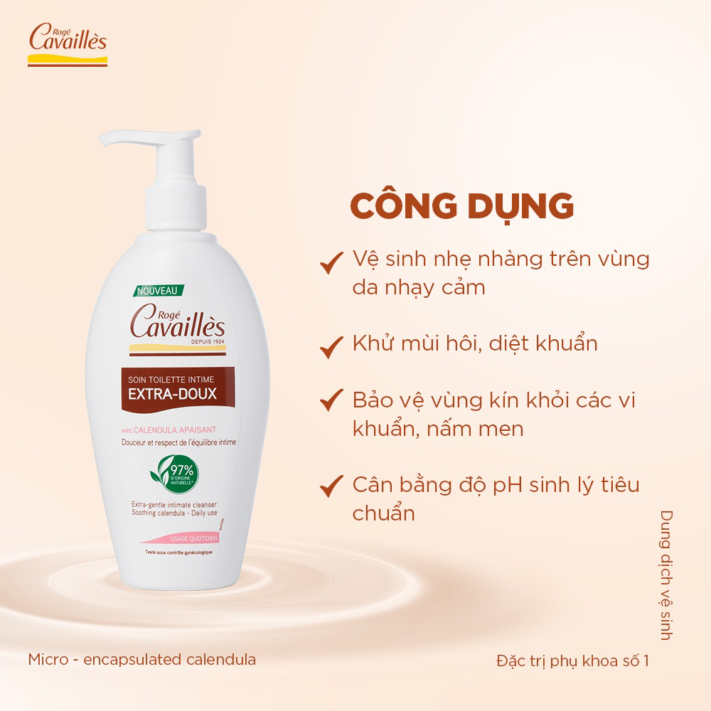 Dung dịch vệ sinh phụ nữ Roge Cavailles - Dưỡng Mềm Mại, Sạch Dịu Êm - Số 1 tại Pháp - 250ml