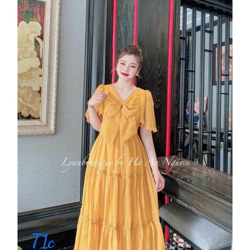 Đầm maxi voan bi nổi nơ, Đầm Váy Xoè Nơ Vol Bi Nổi Kèm Lót Cao Cấp