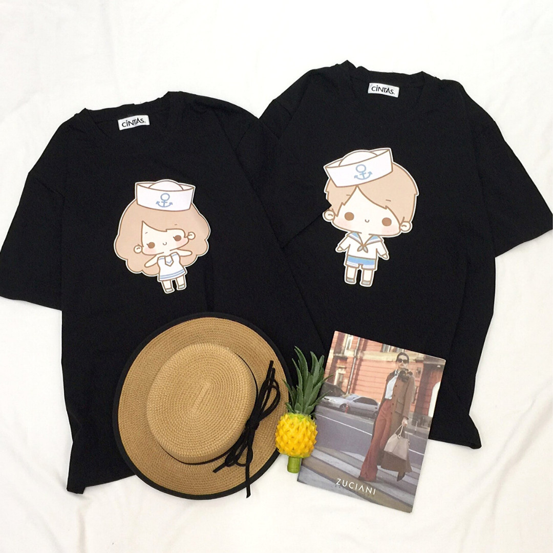 Áo Thun Cặp Nam Nữ Cotton 100% form Unisex Hình Chibi  cặp đôi thủy thủ tinh nghịch dễ thương, thích hợp chụp hình cưới, đi hẹn hò