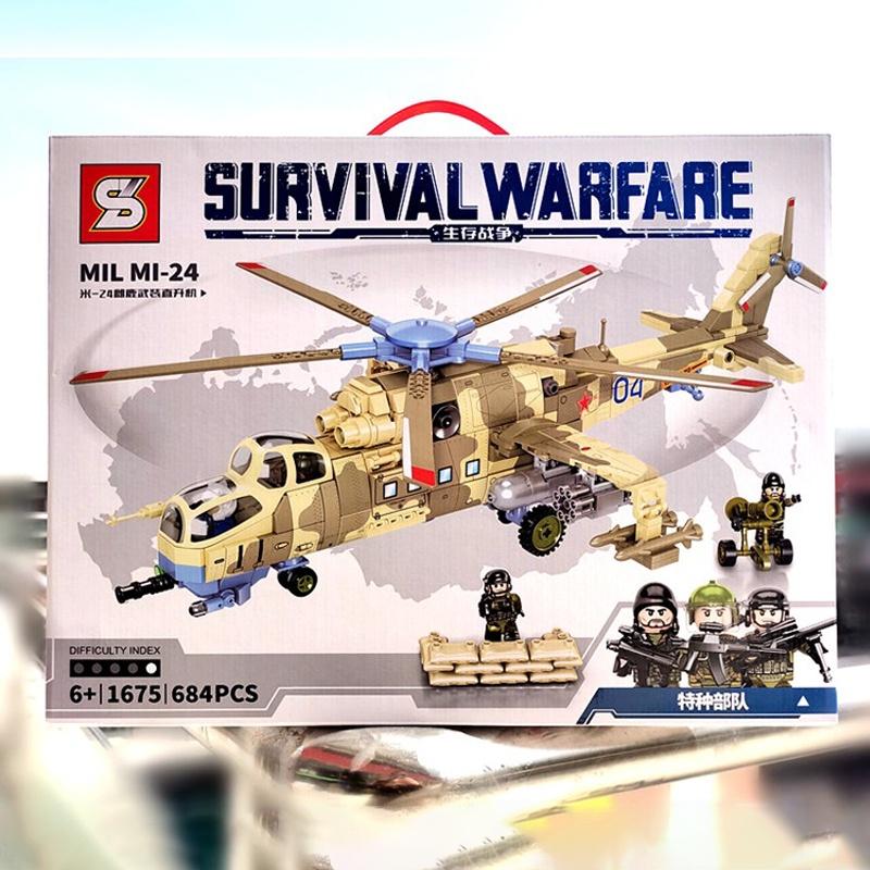 Đồ chơi Lắp ráp Máy bay Trực thăng quân sự Mil Mi-24, SY1675 Xếp hình thông minh, Mô hình máy bay