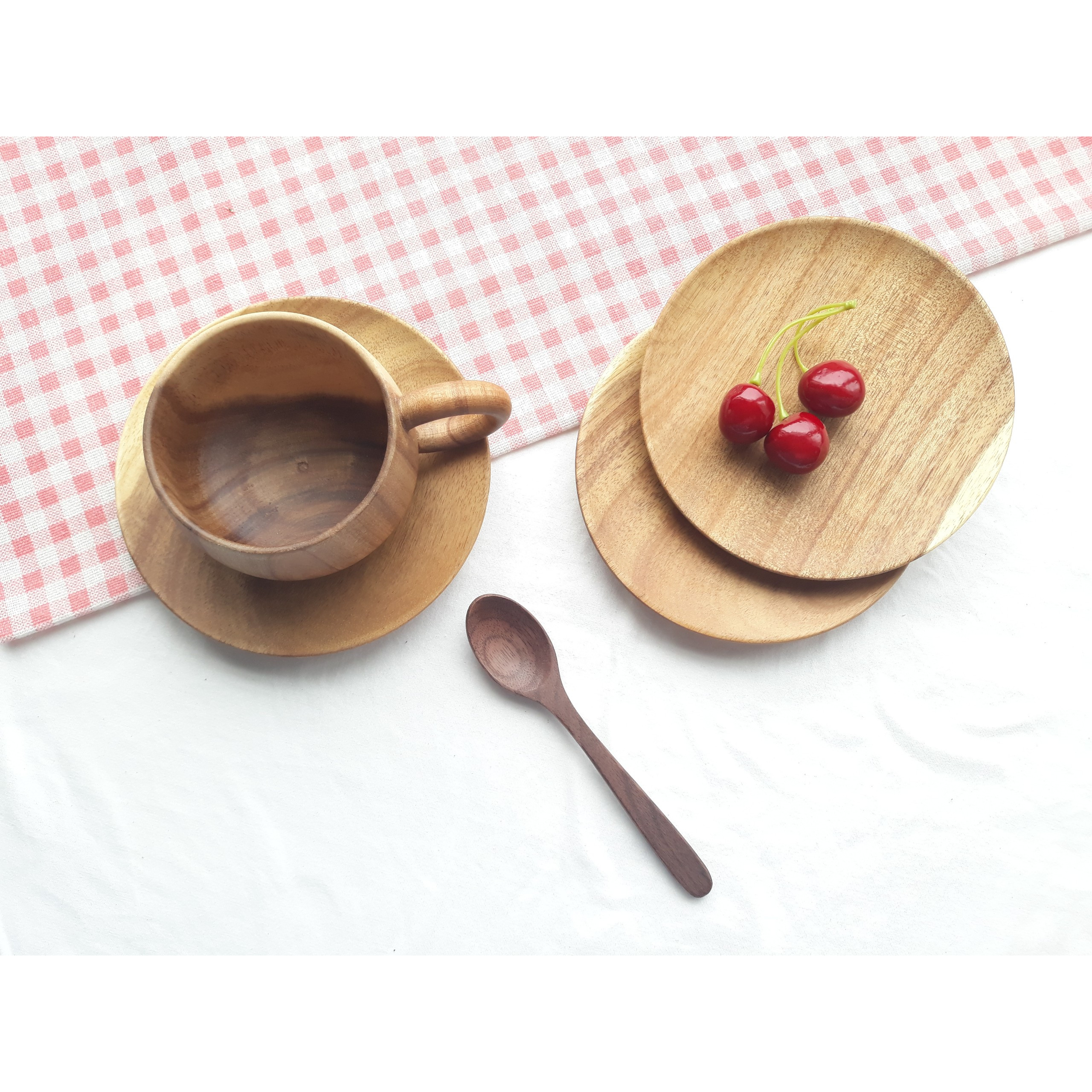 Bộ 3 đĩa gỗ KEO tròn 14 cm lót ly, cốc, đựng trái cây, hoa quả, đồ ăn