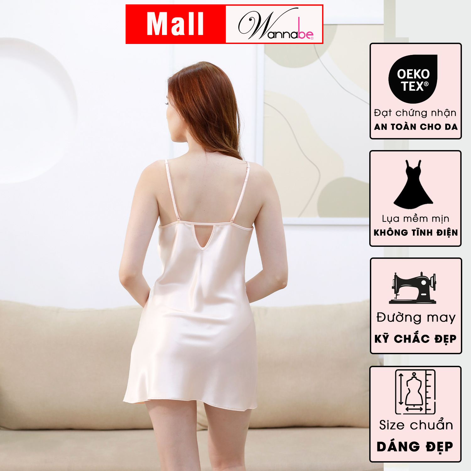 Đầm ngủ WANNABE DNS17 váy ngủ 2 dây lụa mềm mịn mát kiểu dáng đơn giản dễ mặc phối ren thêu Nhật siêu xinh