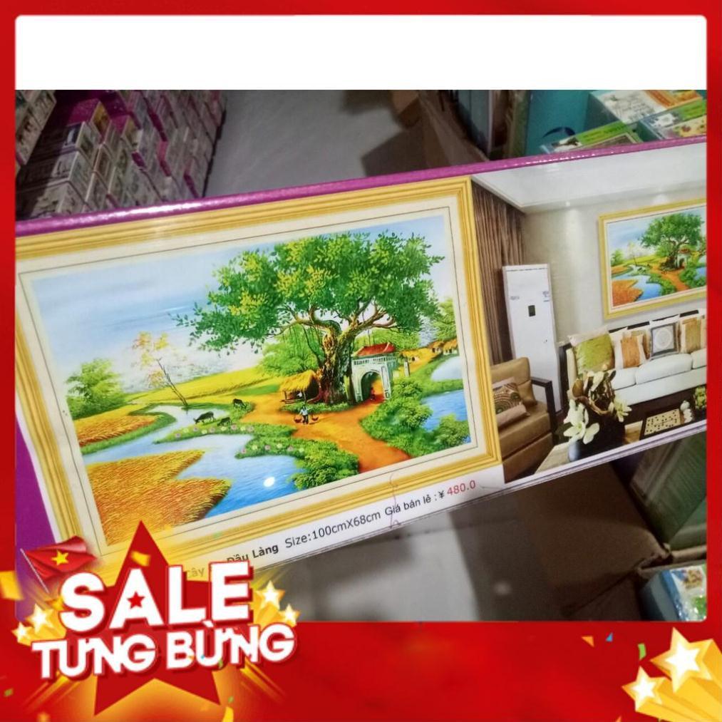 Tranh đính đá cao cấp Phong Cảnh quê hương cây đa đầu làng KT 100x68cm