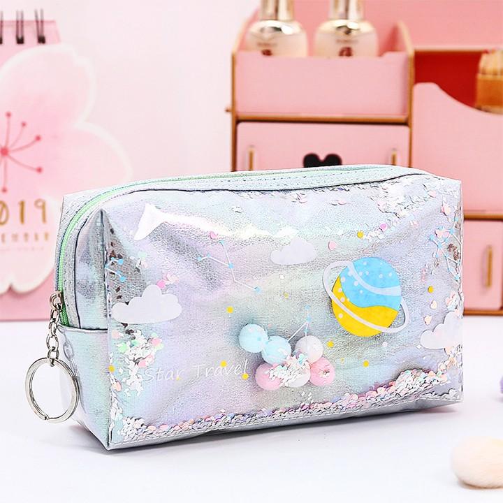 Hộp bút siêu rộng hình vũ trụ chống thấm phối hạt sequin lấp lánh chuyển động họa tiết in laser sắc nét – H045