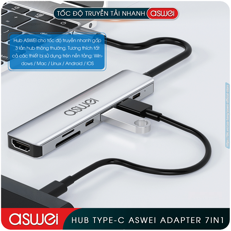 Hub Type C ASWEI 7 in 1 To HDMI, USB 3.0, SD, TF, USB C, PD - Hub Chuyển Đổi USB Type C 7 Cổng - Cổng Chia USB, Ổ Chia USB Tốc Độ Cao Dành Cho Macbook, Laptop, PC, Máy Tính Bảng, Điện Thoại - Hàng Chính Hãng