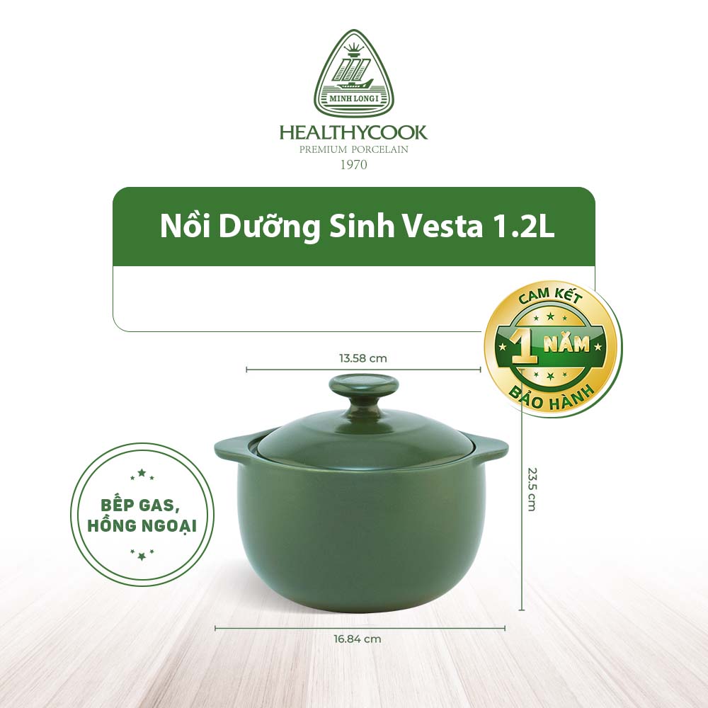 Nồi sứ dưỡng sinh Minh Long Vesta 1.2 L dùng cho Bếp Ga, Hồng Ngoại có nắp đậy, tráng men màu sứ xanh rêu, có thể kho cá, hầm cháo - nồi đất