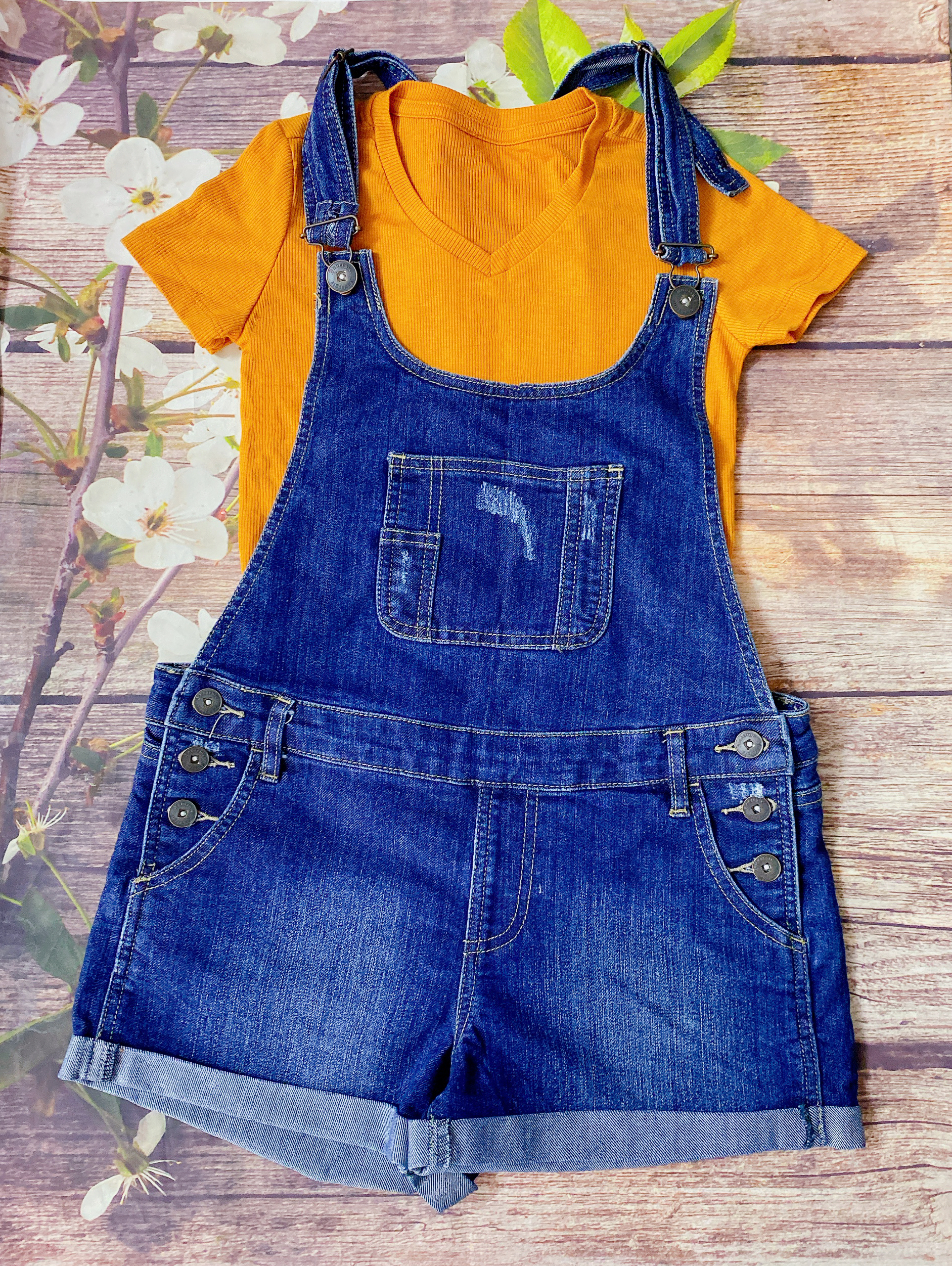 Bộ Yếm Jean Nữ Tặng Kèm Áo Thun Cam, Chất Quần Yếm Jean Đẹp Co Giãn