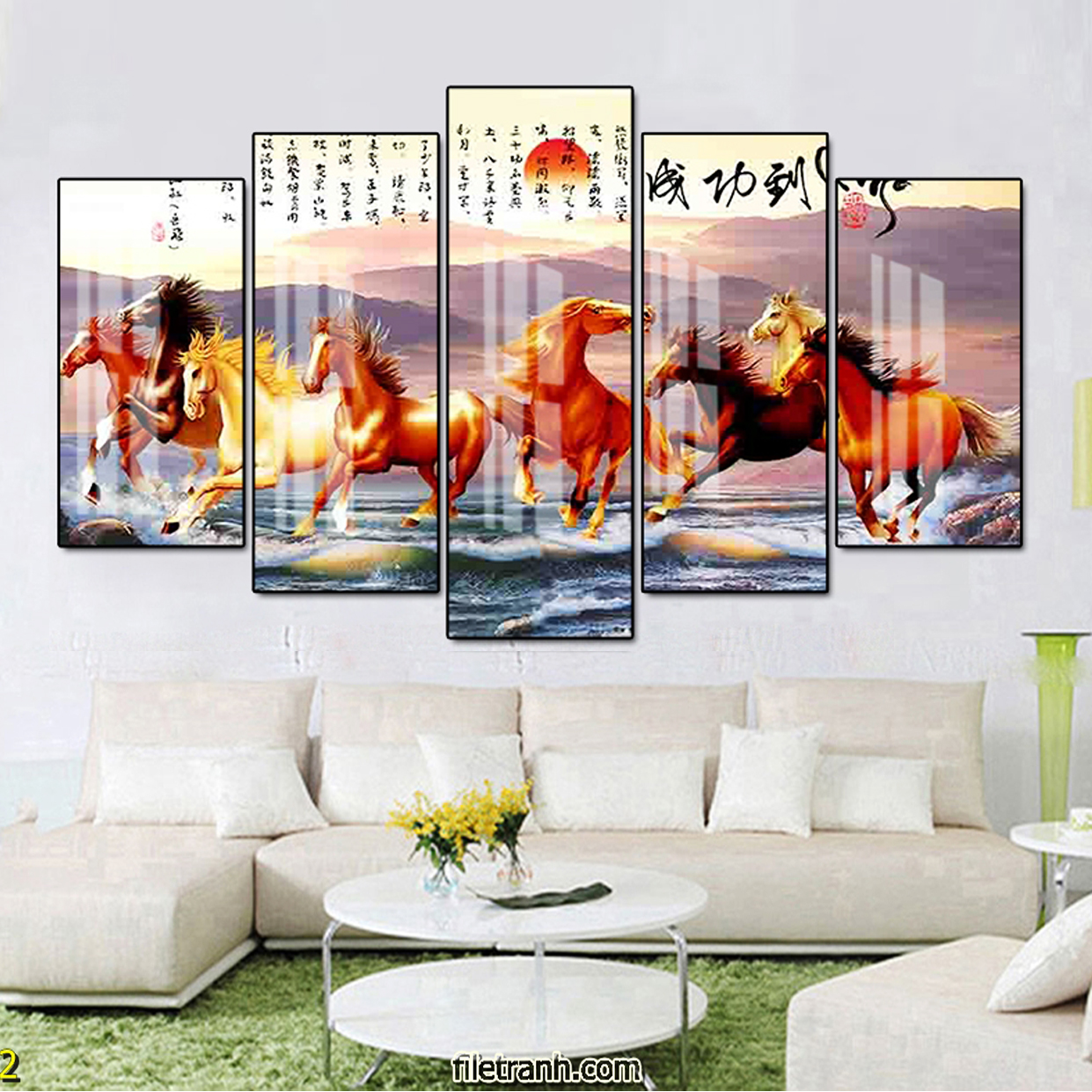 Tranh Canvas Bộ 5 Bức Đàn Ngựa Phi Nước Đại Dũng Mãnh - Tranh Decor Treo Tường Sang Trọng