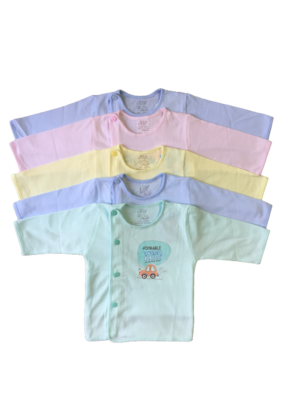 Combo 3 áo sơ sinh cotton 100% tay dài cài nút lệch màu jou cho bé trai, bé gái, chất vải mềm, mịn, thoáng mát, thấm hút mồ hôi, hàng chất lượng