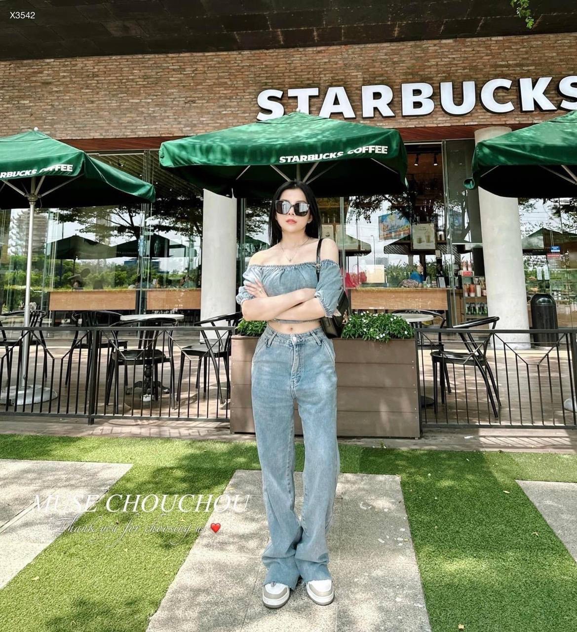 QUẦN JEANS / DENIM ỐNG RỘNG LƯNG CAO + ÁO CROPTOP TRỄ VAI TAY NGẮN BỒNG ĐI CHƠI ĐI BIỂN DẠO PHỐ