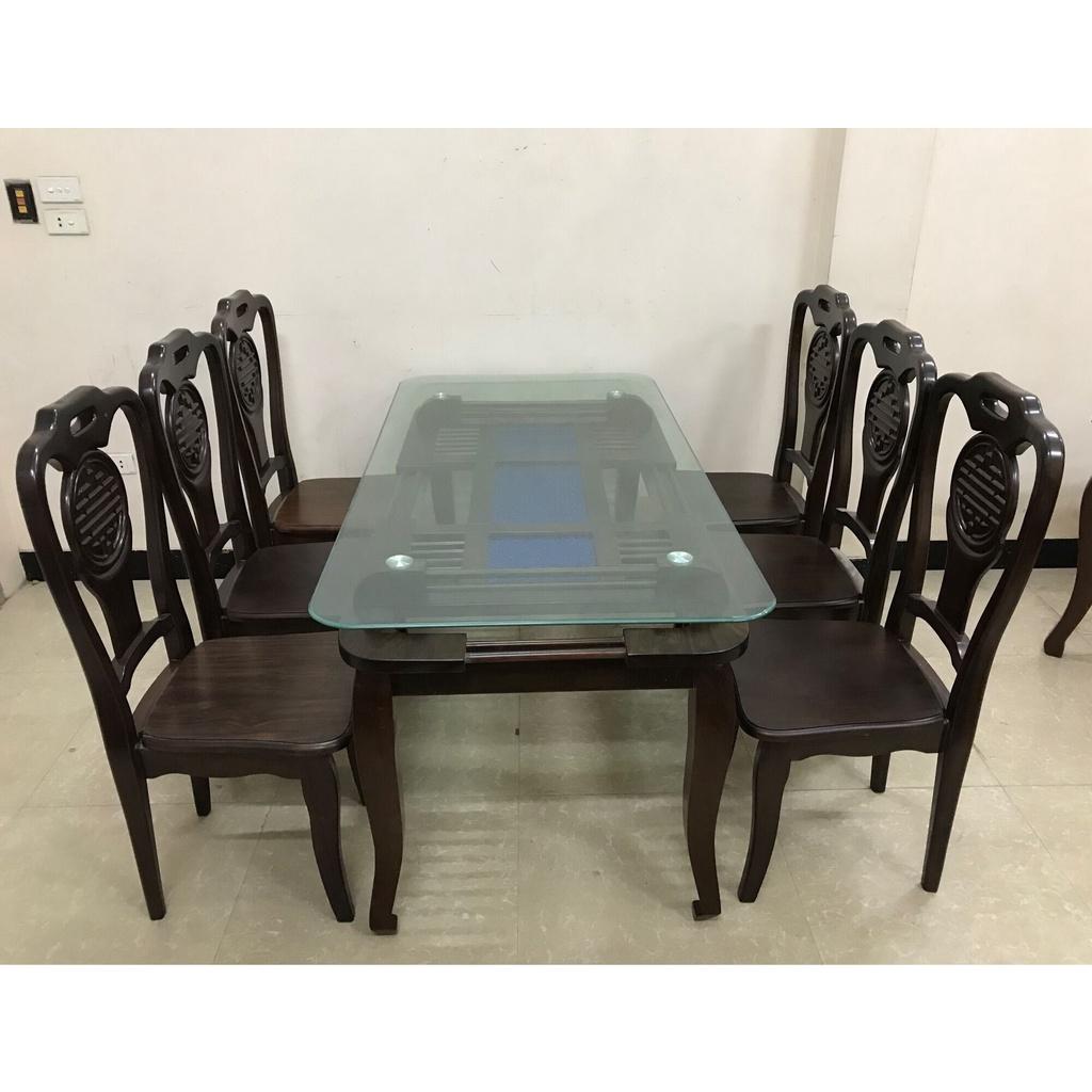 Bàn Ghế Ăn Mặt Kính 2 Tầng Gỗ Tự Nhiên Cao Cấp