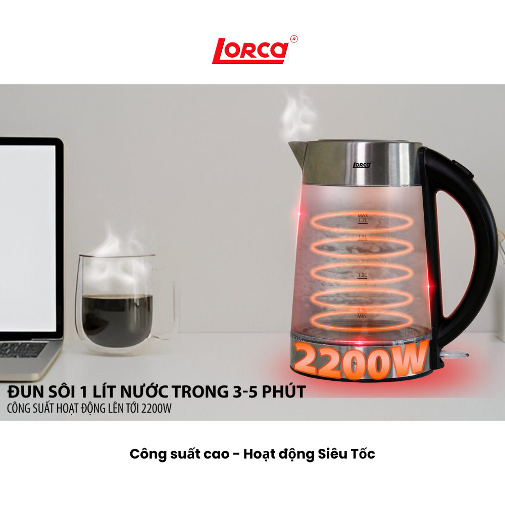 Ấm Đun Siêu Tốc 2 Lớp 1.7L Lorca TA 3006A Hàng Chính Hãng Ấm Đun Nước Thủy Tinh Inox Đun Nhanh, Công Suất Lớn 2200W