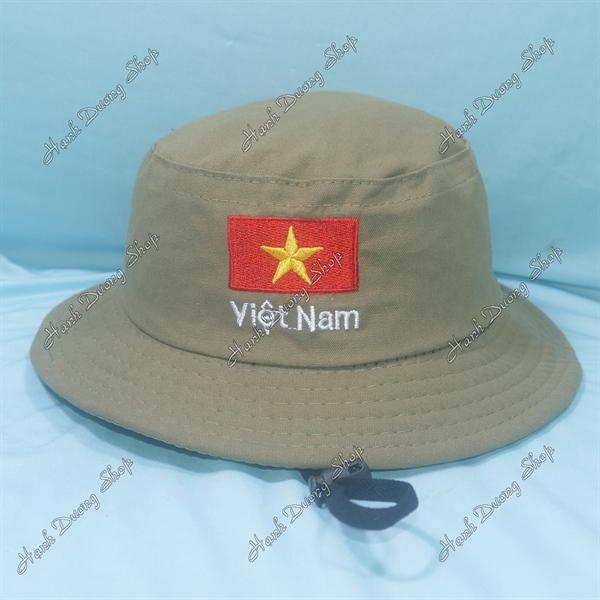 Nón tai bèo trẻ em 3-5 tuổi, mũ tai bèo thêu Lá cờ Việt Nam size đầu 52-53cm, đường kính 18cm - Rêu Nhạt